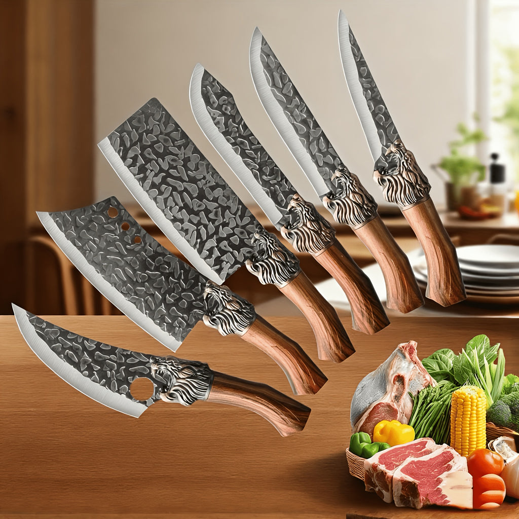 7pcs Chef Knife Set, Hand Forged Damascus Style Blade with Brown Wood Handle, V-shaped Sharp Blade, Suitable for Meat, Fish, Vegetables, Fruits, Professional Kitchen Knives, Suitable for Home Chefs And Chefs (ideal Gift) - Ergonomic Grip