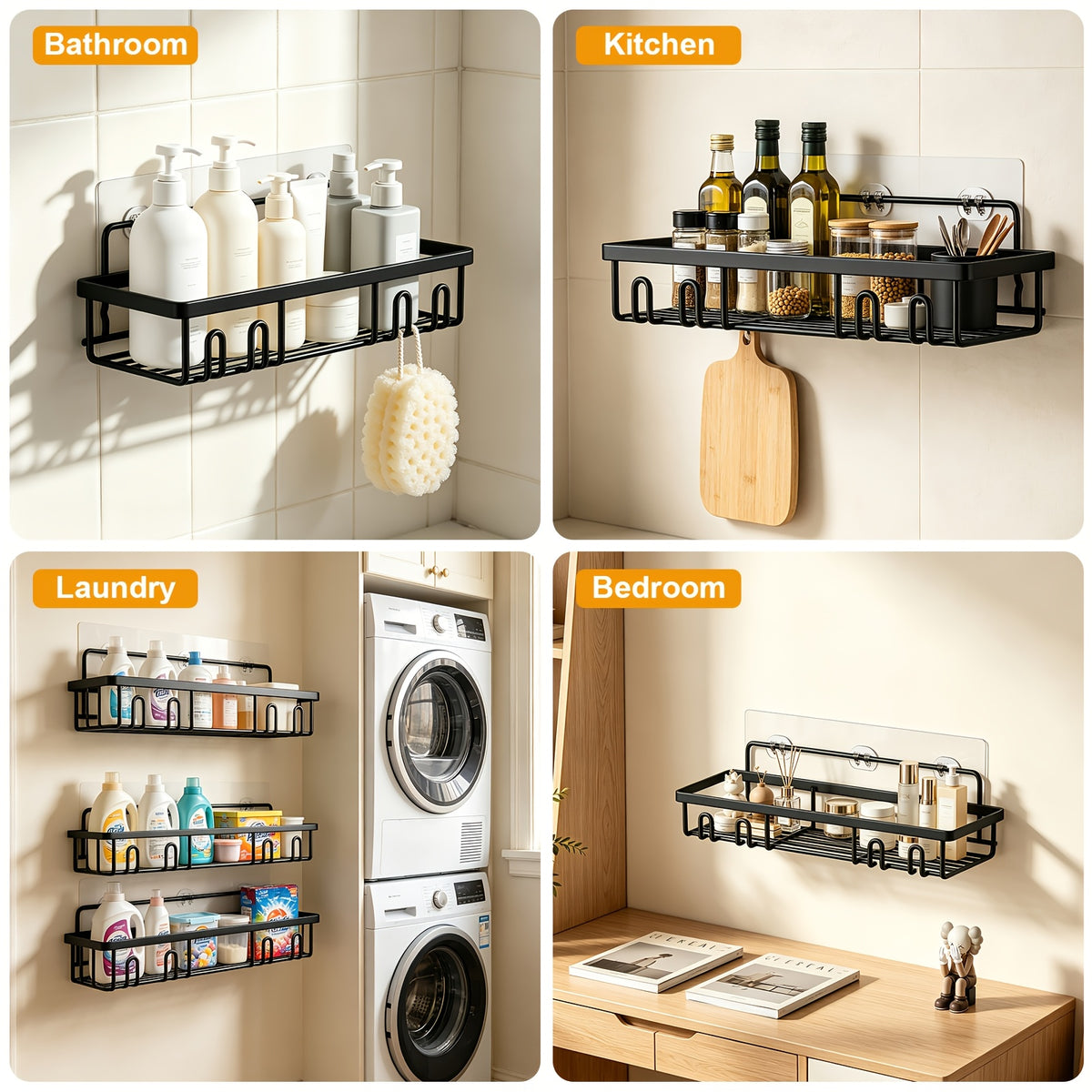 6pcs Shower Racks, Toilet Paper Rack, Soap Rack, Toothbrush Rack, No Drilling Required, 13-Inch Large Capacity, Bathroom Storage And Kitchen Sticky Shower Storage Rack (Black)