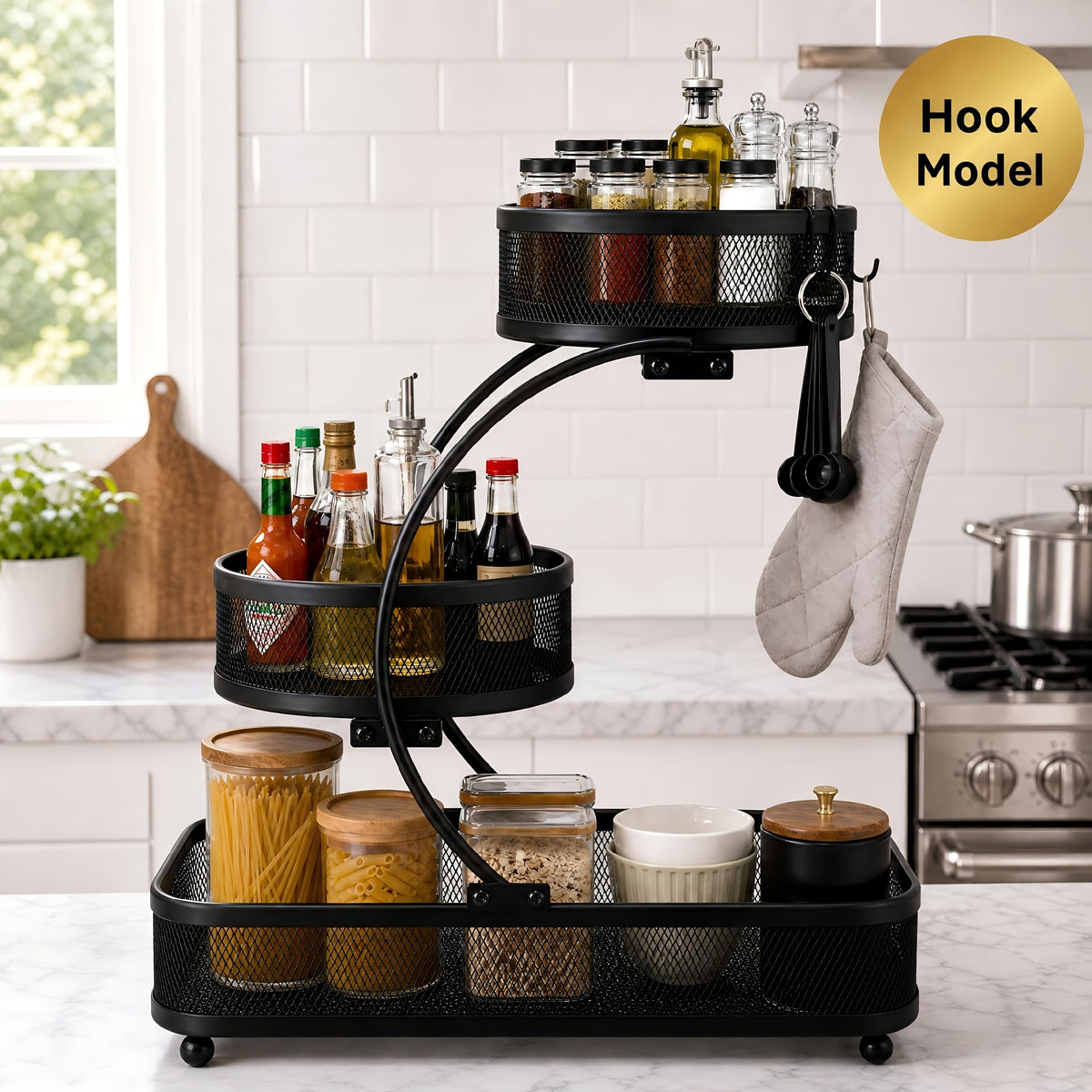 3-tier Metal Bathroom Storage Rack, Includes A Spray Bottle | Hooks - Space-saving Countertop Organizer For Cosmetics, Skincare, And Toiletries | Rust-resistant Diamond Mesh Design | Sturdy And Durable, Suitable For Vanities, Bathrooms, Wardrobes