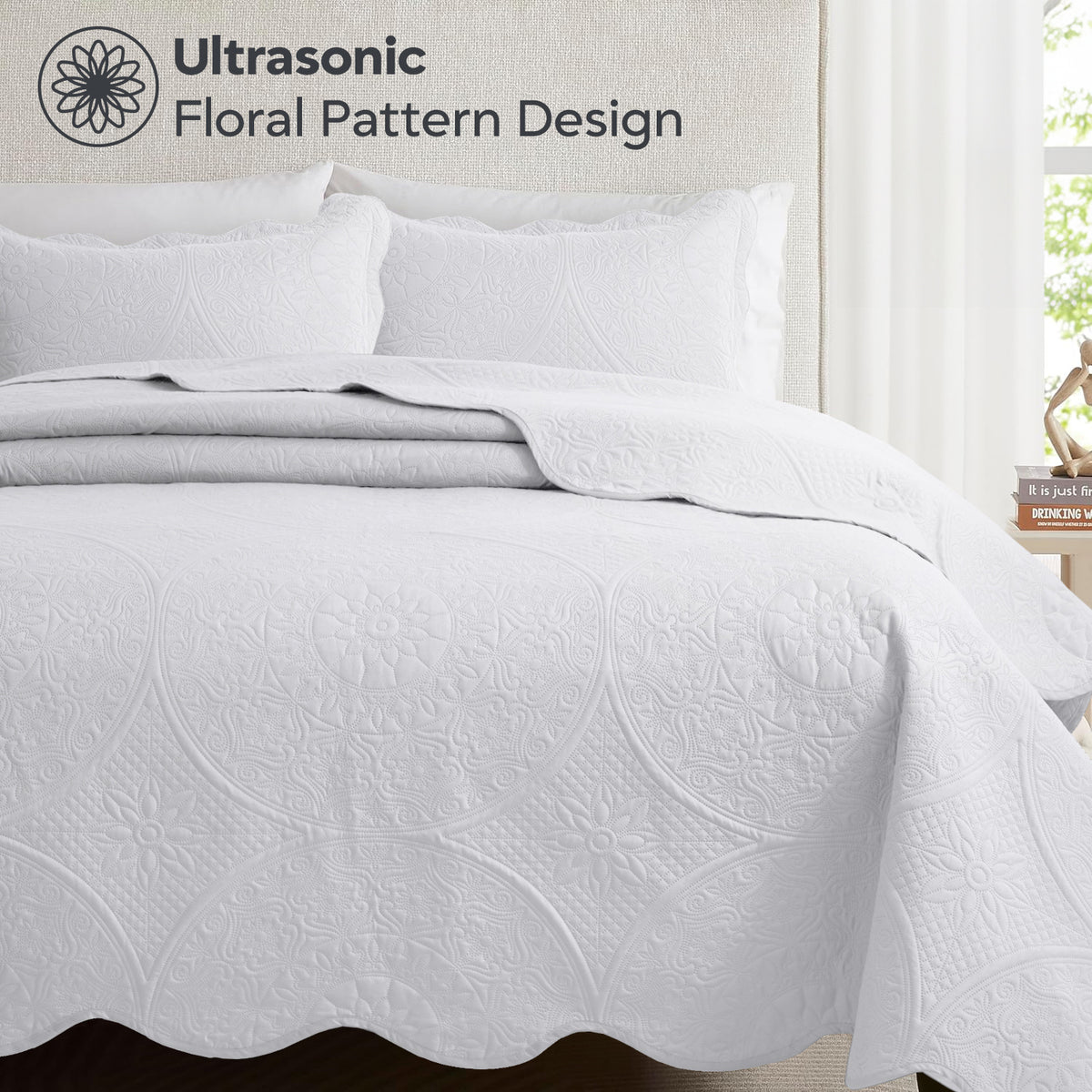 3pcs Luxury Quilted Bedspread Set – Oversize Quilt Coverlet Soft & Cozy Floral Bedspread with Pillow Shams, Breathable Lightweight for Bedroom & Guest Room Decor