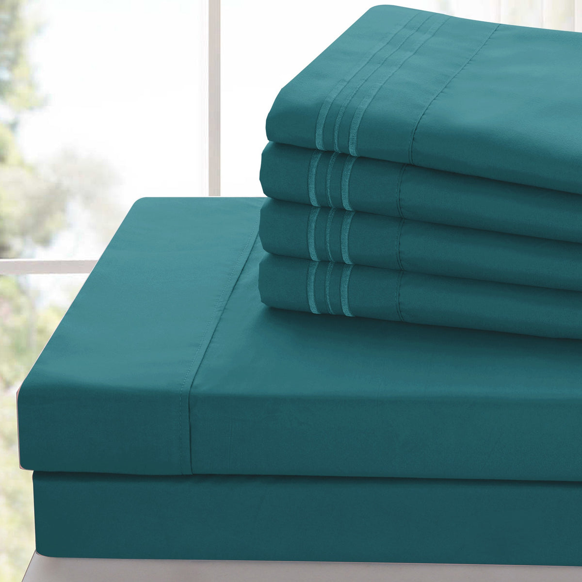 Lux Decor 6 Pieces Solid Bed Sheets Set - Modern Soft Comfortable Bedding Set, Hotel Luxury Skin Friendly Cooling Sheets & Embroidered Pillowcases Without Filler - All Seasons Bed Sheet with 16 Inches deep Pocket, Breathable Skin Friendly & Cooling Sheets