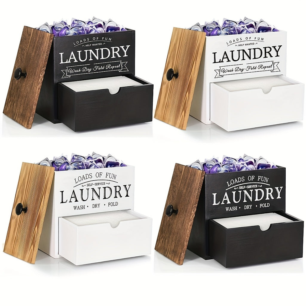MONDRAME Farmhouse-Style Wooden Dryer Sheet Holder with Drawer And Lid - Dual Installation Options, Wall Mount Or Countertop, Laundry Pod Dispenser for Organized Storage