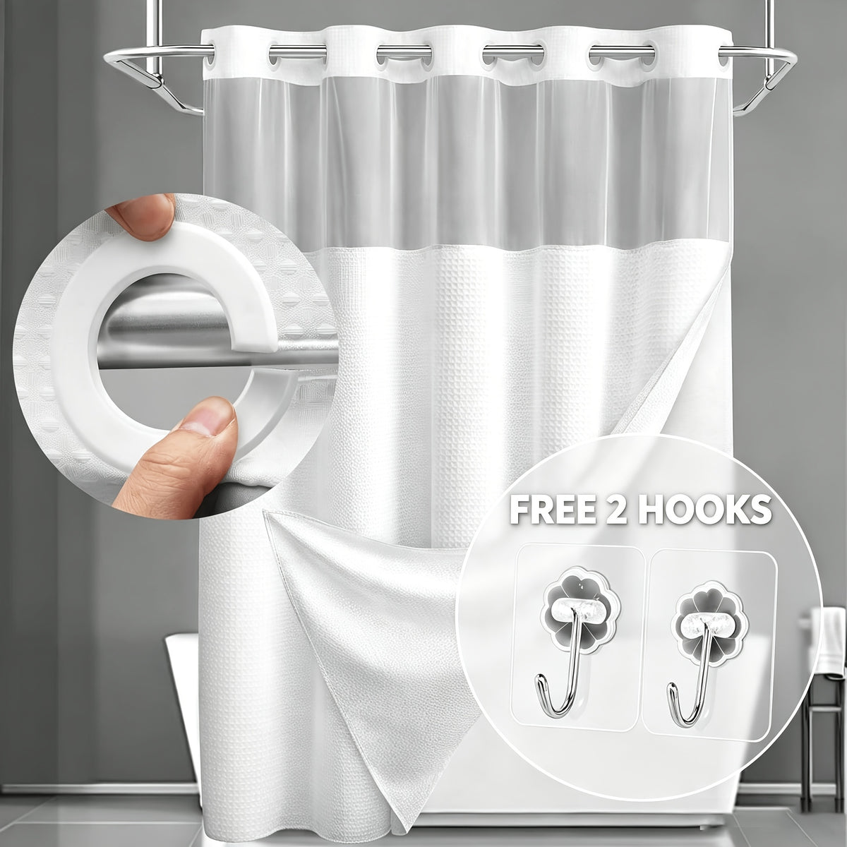 Hookless Shower Curtain with Snap Liner - Suitable for Home & Hotel Bath Curtain, Multicolor Waffle Window, Double Layer Panels, Hand Washable Curtain with Liner Set, No Hooks Required for Bathroom Decor Gift