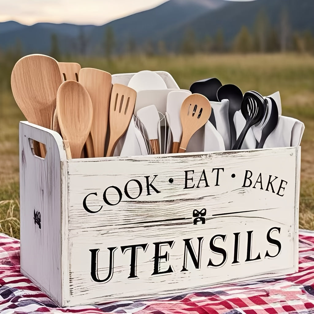 Rustic Wooden Kitchen Utensil Holder, 1pc 3-Compartment Storage Box, Kitchen Must Haves, Countertop & Wall-Mounted Organizer, Wood Material, Kitchen Accessories For Cook, Eat, Bake Tools, Kitchen Organizers And Storage
