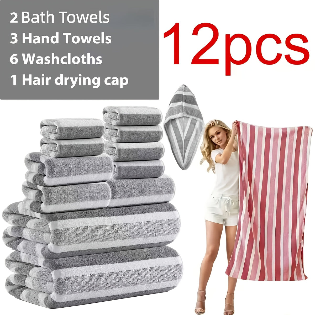 [Ultra-Soft Towel Set] 12/8pcs Towel Set, Ultra-Soft Towel Set with Excellent Absorbency And Quick-Drying Performance, 8pcss Include (1 Large Bath Towel, 2 Medium Bath Towels, 4 Small Bath Towels, 1 Hair-Drying Towel)