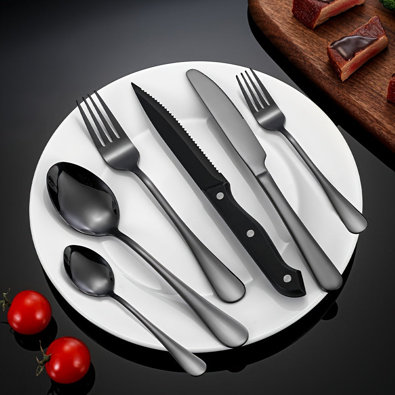 48pcs Silverware Set with Steak Knives, Christmas Stainless Steel Flatware Cutlery Set, Eating Utensils for 8, Spoons Forks Knives for Home Kitchen, Simple Design & Mirror Finish, Dishwasher Safe(Silvery, Black)