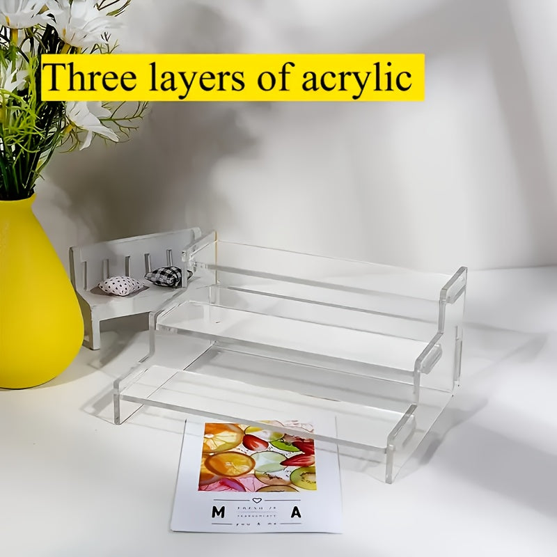 Three-Level Transparent Acrylic Display Rack - Robust Multi-Section Organizer for Cosmetics, Additions, Fragrances & Desserts - Easy to Assemble Home Decor Shelf with Strong Build, for makeup Presentation Stand, Jewelry Display, Elegant Design