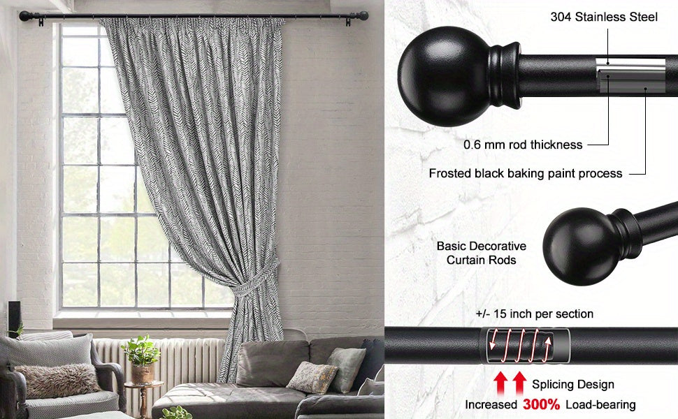2 Pack Curtain Rods for Windows 28 to 95 Inch, 5/8 Inch Extra Long Matte Black Curtain Rod for Bathroom, Living Room, Kitchen