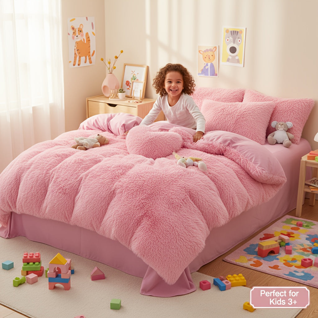 3/4pcs Plush Faux Fur Comforter Cover Set for Kids & Teens - Includes Pillowcases + Plush Heart Pillow - Twin/ Queen/ King Sizes - Super Soft, Warm, Machine Washable (Duvet Cover Only, No Comforter)