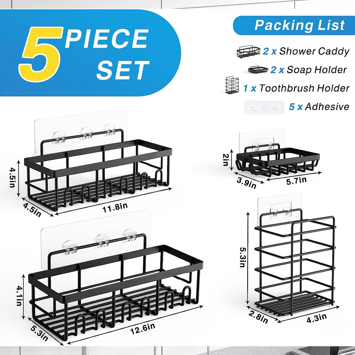 Shower Caddy Organizer, 5-Pack Adhesive Rustproof Stainless Steel Shower Shelves with Soap Holder, No Drilling Shower Storage Rack for Family Renters Bathroom, Random Colors to Choose, Shower Caddies