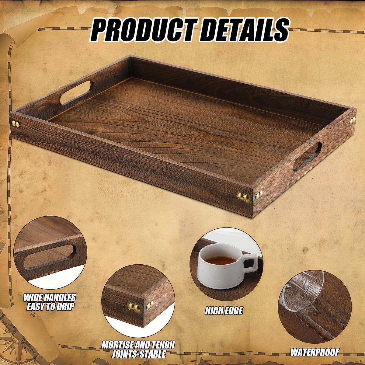Rustic Serving Tray Set of 7, Rectangular Trays with Handled Large Tray for Tea, Coffee, Snack Displays and Vintage Kitchen or Living Room Styling