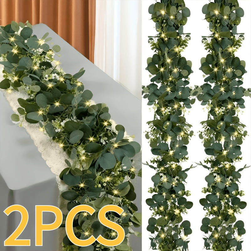 Lighted Eucalyptus Wreath, 2 Packs 6FT Green Flower Wreath Decoration, Artificial Simulated Eucalyptus Leaves Green Vine, Used for Table Runner Wedding Centerpiece Background Decoration(Warm Color)