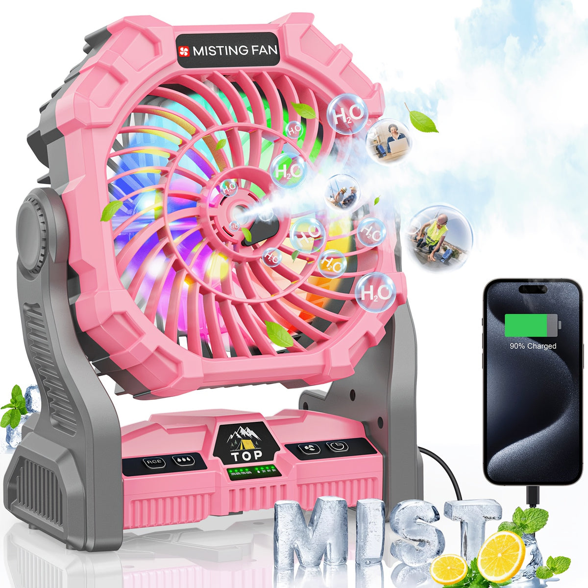 20000mAh Rechargeable Camping Fan, Basic/ Misting/ Solar Panel Options, 4 Speed Settings, RGB Mood Lighting, Tent Hook, Phone Charging, Portable Outdoor Fan For Camping, Sports Events, Power Outages & Construction Sites