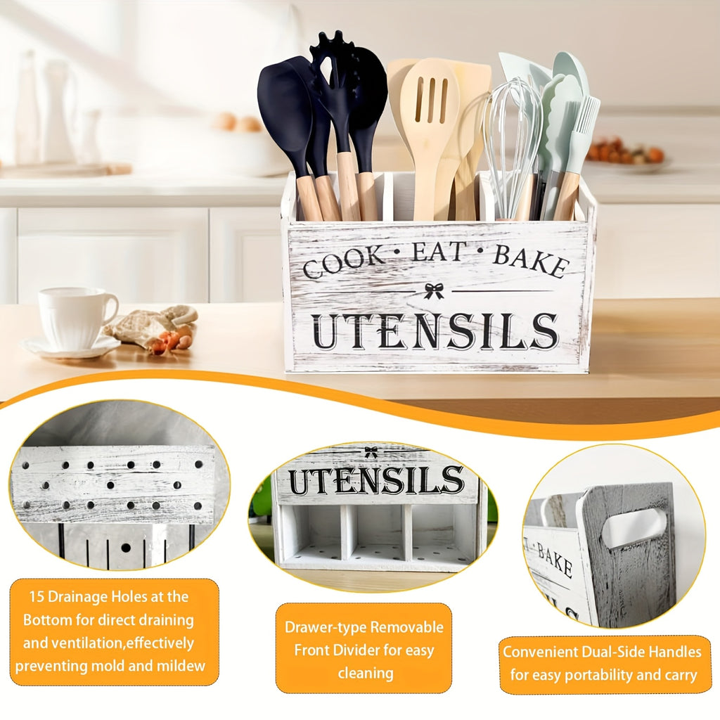 1pc of a Spacious Rustic Wooden Organizer for Kitchen Utensils, Featuring a Handle And Three Compartments. It Can Be Placed on The Countertop Or Mounted on The Wall, Making It Ideal for Storing Cooking, Dining, And Baking Tools