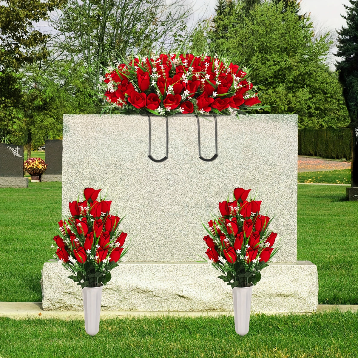 1/2/3pcs Artificial Cemetery Flower For Grave With Saddles, Artificial Silky Rose Flowers And Bouquets With Vases, Memorial Day Flowers For Cemetery, Outdoor Grave Headstones Decoration