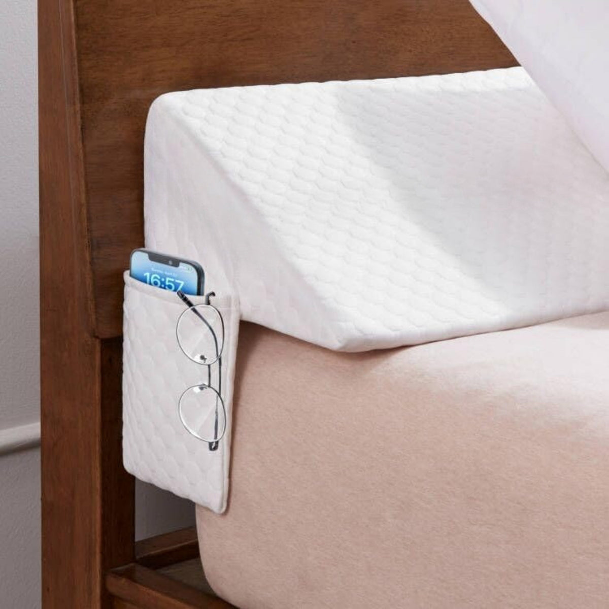 Bed Wedge Gap Filler with Side Pocket, Triangular Headboard and Mattress Cushion for Gaps up to 7 Inches in Grey or White, Twin Queen and King Options