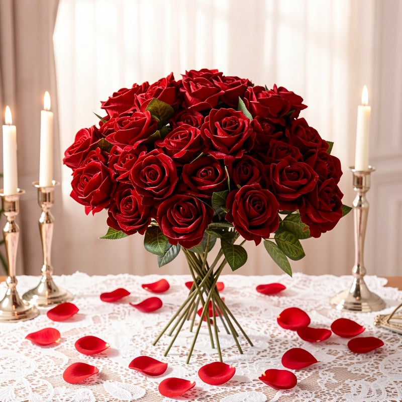 10pcs Artificial Velvet Rose Burgundy Red Flowers Fake Roses with Long Stems for Valentine's Day & Wedding Bouquets Centerpieces Bridal Shower Party Decorations