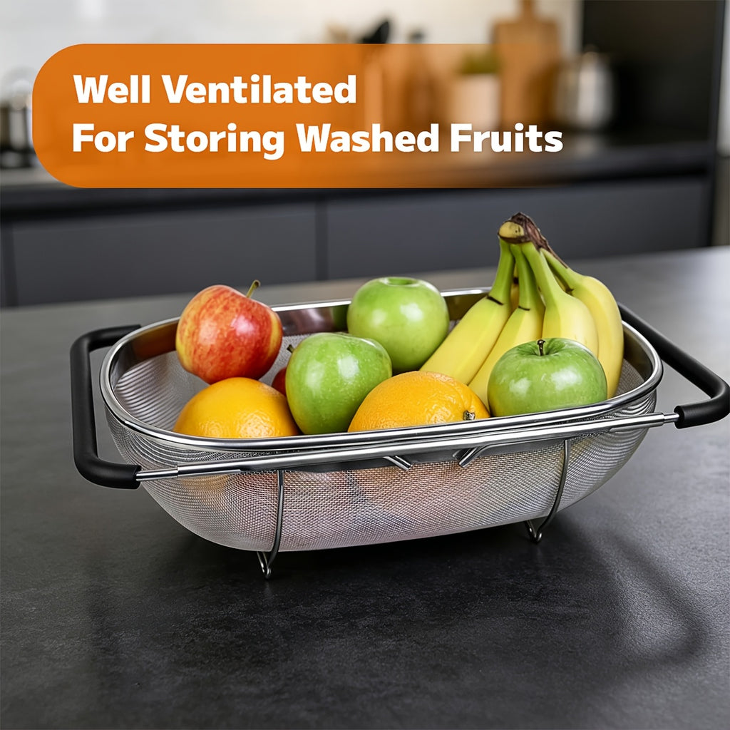 Expandable Stainless Steel Filter Over the Sink Colander - Strainers and Colanders - Sink Strainer Basket - Expandable Fine Mesh Strainer with Rubber Grip for Veggie, Fruits, Pasta, Home Kitchen Essentials