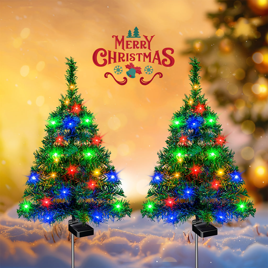 Two Sets Of Solar Christmas Tree Lights Are Used for Outdoor Christmas Decorations. The Solar Pre-lit Small Christmas Trees Are Used for Outdoor Paths, Gardens And Courtyards Decoration.
