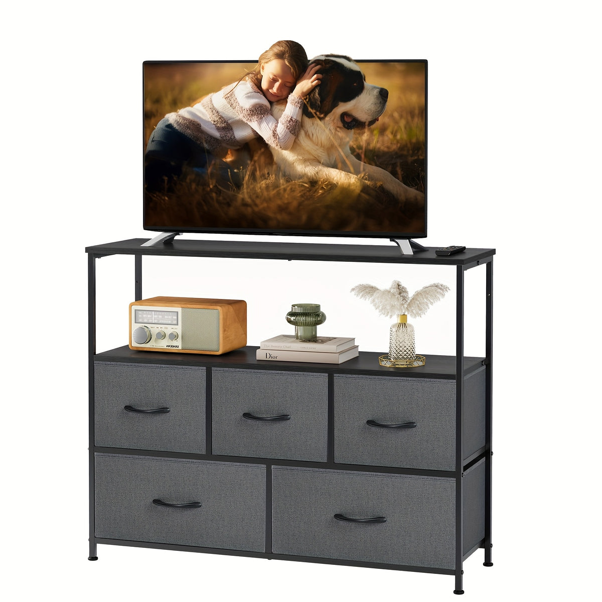 5-Drawer Cabinet Tower, Father'S Day Gift, TV Stand for Bedroom, TV Dresser for 45 Inches, Media Console Table, Entertainment Center with 5 Fabric Drawers Cabinet And Open Storage Shelf Other (Furniture) Cabinet for Living Room, Hallway