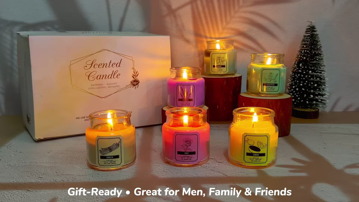 6pcs Candles Set Scented Candles for Home, Gifts for Family People And Friends, Soy Candle Of 3.5oz, 120 Hour Lasting, 6 Scents Fragrance Of Jasmine Eucalyptus Lavender Vanilla Rose Lemon, for Thanksgiving Christmas Decor, Fall Candle
