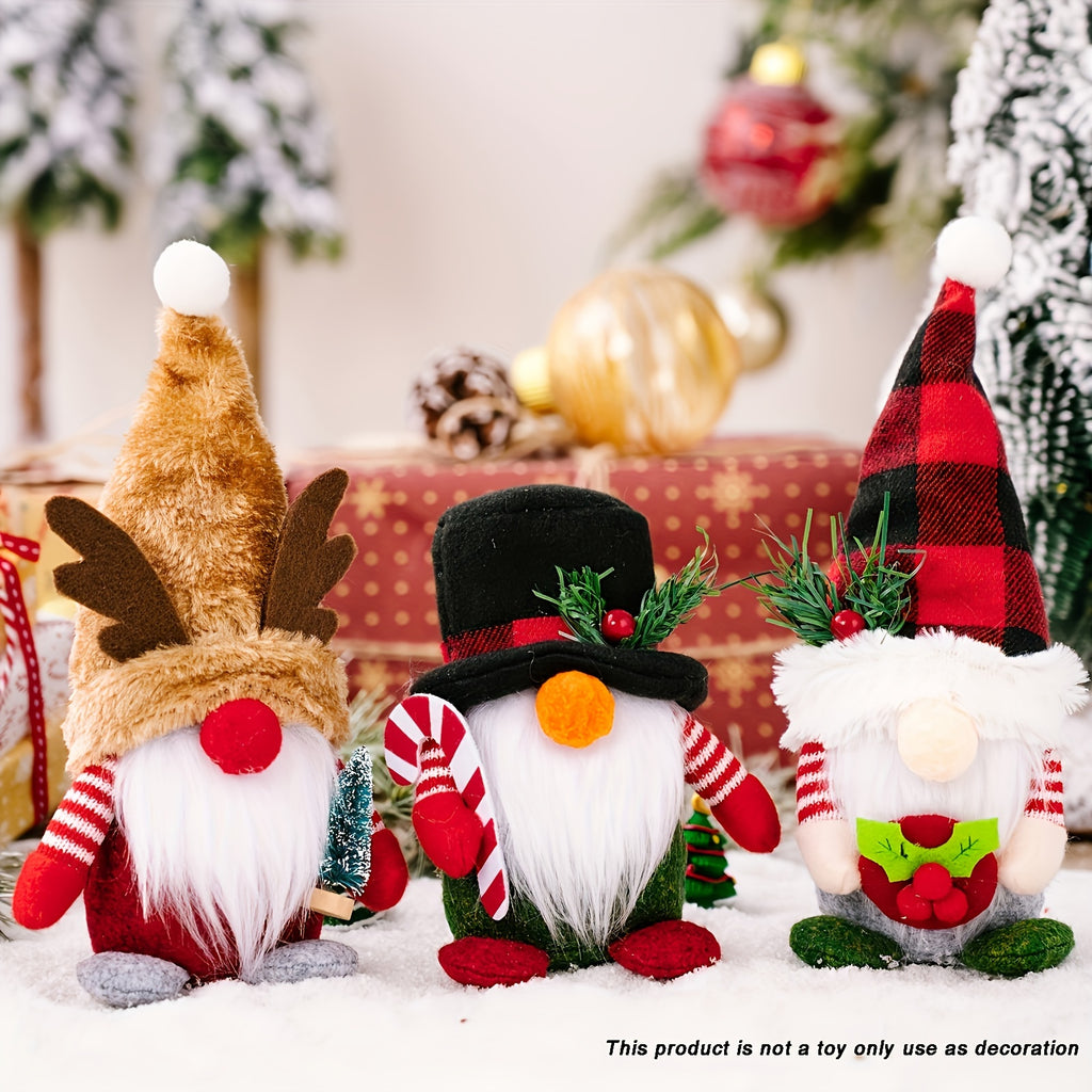 Christmas Gnome Doll Set, 3-Piece Faceless Holiday Tabletop Decorations with Reindeer Antlers, Red Black Plaid Hat and Top Hat for Mantel and Shelf Displays
