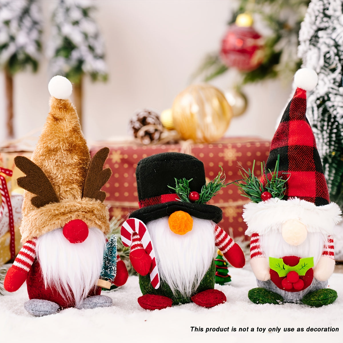 Christmas Gnome Doll Set, 3-Piece Faceless Holiday Tabletop Decorations with Reindeer Antlers, Red Black Plaid Hat and Top Hat for Mantel and Shelf Displays