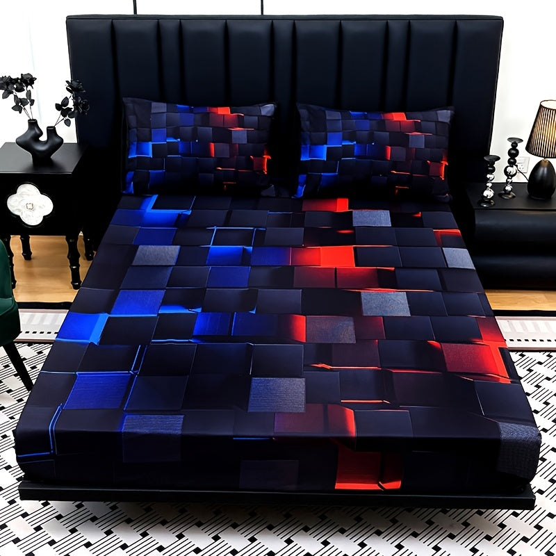 2D Flat 3pcs Cool Technology Digital Printing Material Plaid Fitted Sheet(1pc Bed Sheet+2pcs Pillowcase No Filling) Deep Pocket In 15 Inch, At Home Dormitory Suitable for All Seasons Mattress Protector