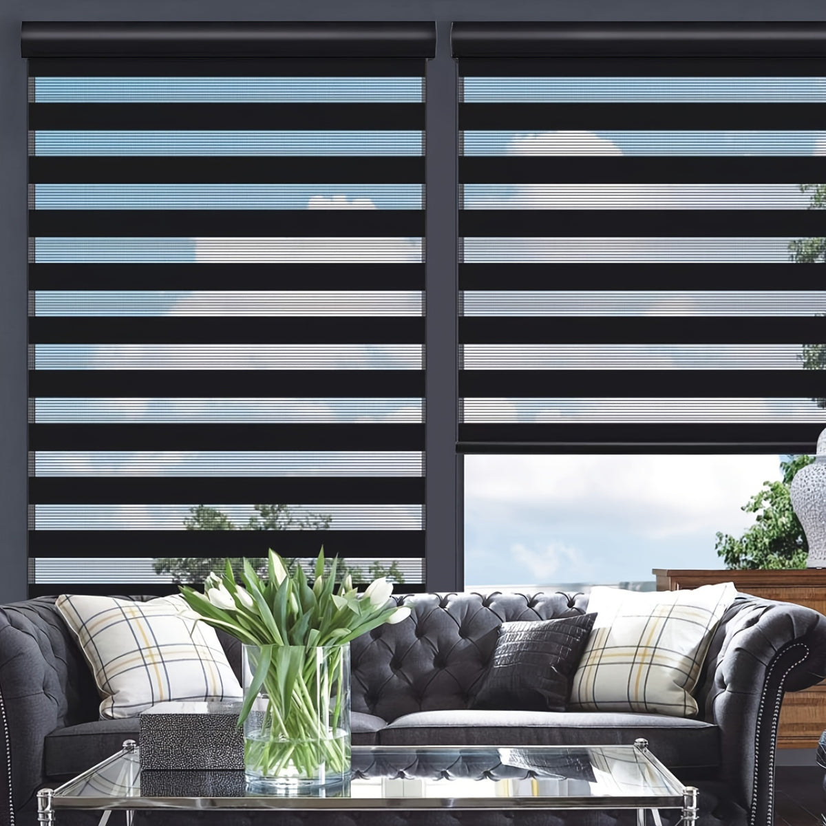 Cordless Zebra Roller Shade with Valance, Double Layered Window Blind for Day And Night, Light Filtering Window Treatment with Mesh And Opaque Fabric