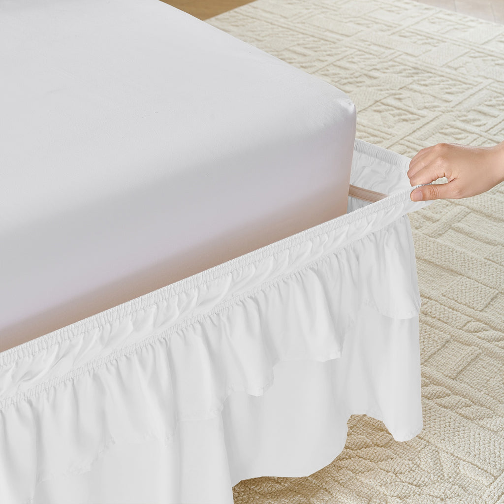 Double Ruffle Bed Skirt 16 Inch Drop, Elastic Wrap Around Bed Skirts For Twin Full Queen King Size Bed, Easy To Install Dust Ruffle, Machine Washable Soft Fabric, Multi Ruffle Bedskirt For Bedroom Bedding Home Decor