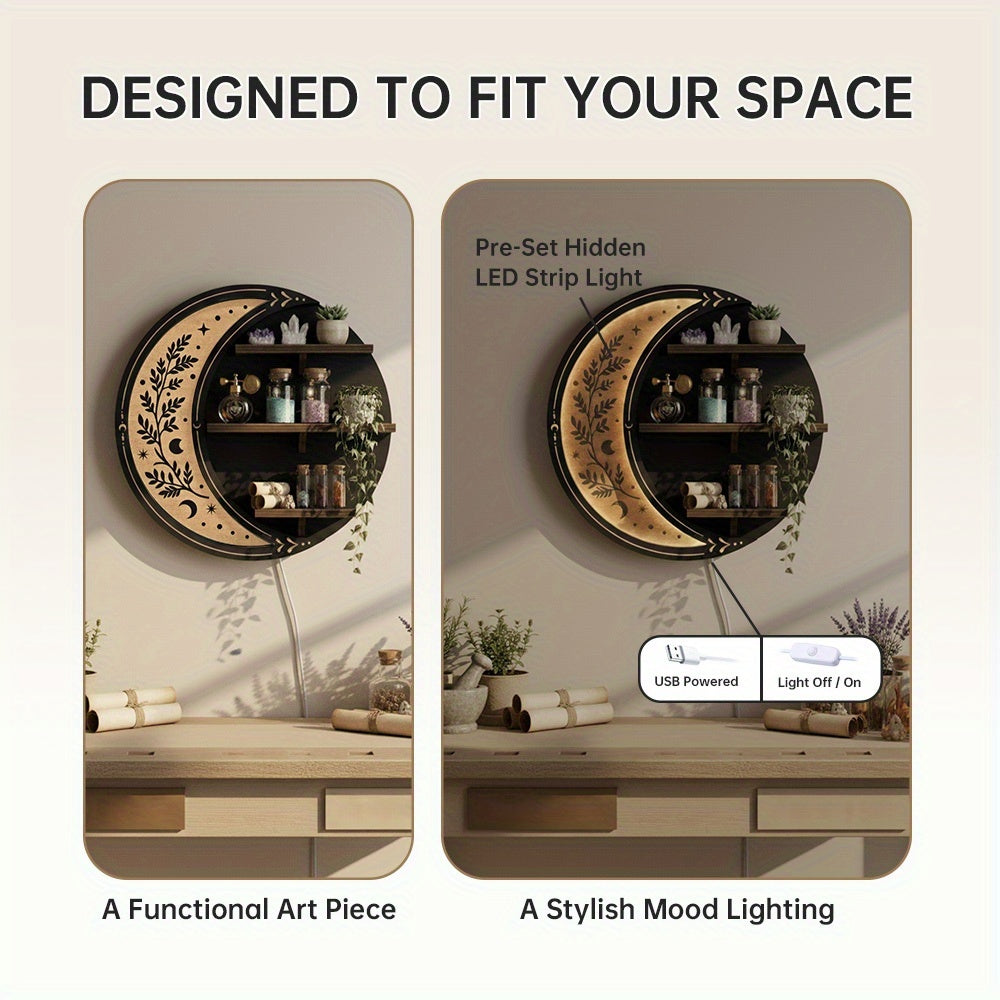 Moon Shelf Decor Cute Moon Floating Shelves with Light, Witchy Boho Room Decor Aesthetic Wall Shelf Small Display Racks Suitable for Crystal/essential Oil/collectibles, Rock Gem Stone Storage Organizer, Trinkets Holder, Unique Celestial Gift for Moon