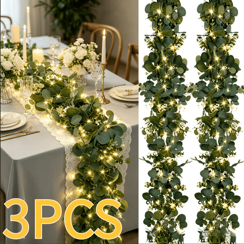 3 Packs of 6-Foot Lighted Eucalyptus Garlands| Green Floral Garland Decoration, Artificial Simulated Eucalyptus Leaves And Green Vines, Used for Table Cover, Wedding Centerpiece Decoration, Background, Warm Color, Plastic, Battery-Powered