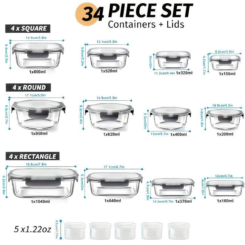 34pcs Glass Food Storage Container Set With Lids-ideal For Lunches, Pantry Organization, And Kitchen Use. These Leak-proof, Airtight Glass Containers Are Safe For Use In The Microwave, Oven, Refrigerator, And Dishwasher.