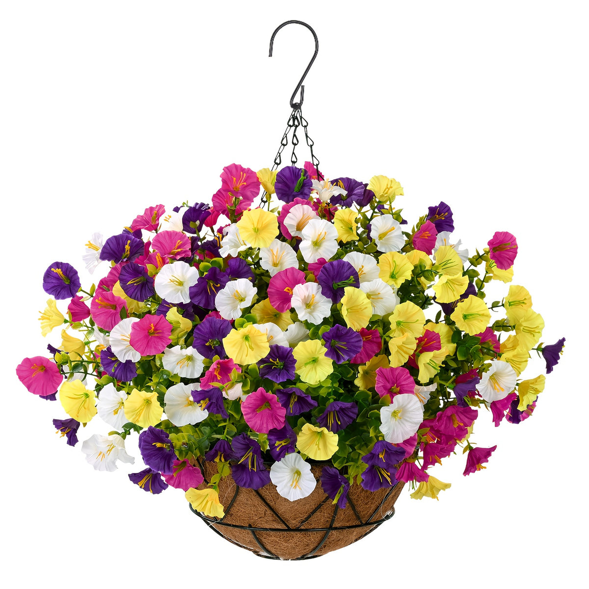 UV-Resistant Artificial Hanging Flowers Suitable for Outdoors, Fake Petunias with Container - Realistic Hanging Plants for Garden, Patio, Porch Decor, Wedding & Mother' Day Decoration, Low-Maintenance Plastic Faux Flowers for Balcony Railings