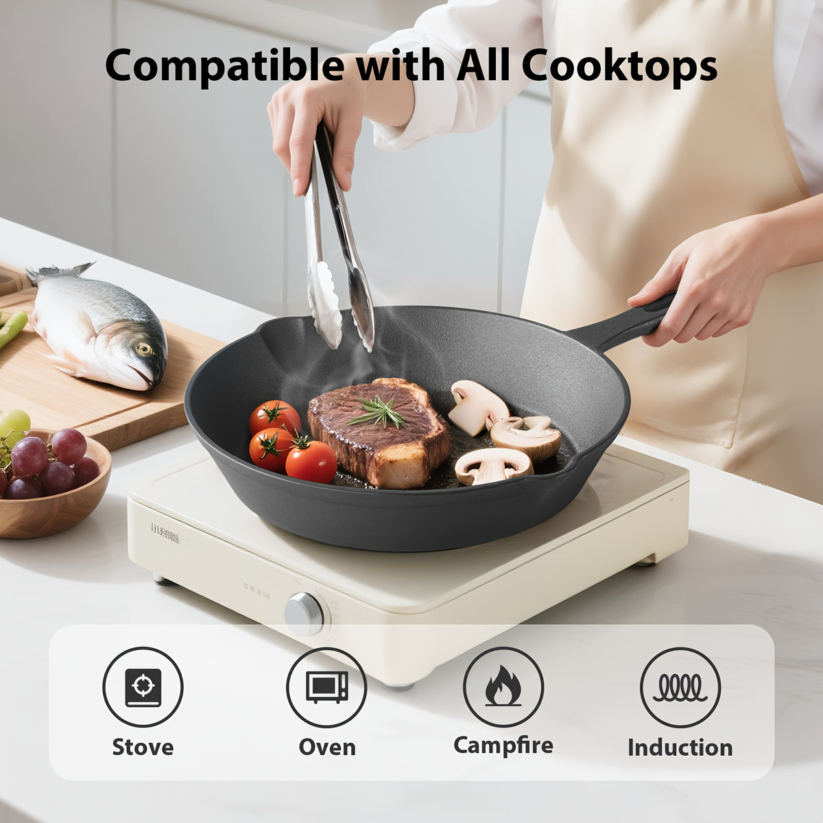 3/4/5pcs Cast Iron Skillet Set, Professional-Grade Commercial Quality Pre-Seasoned Cookware, Suitable for Frying, Sautéing, and Cooking, Usable Indoors/Outdoors, in Ovens, and on Grills