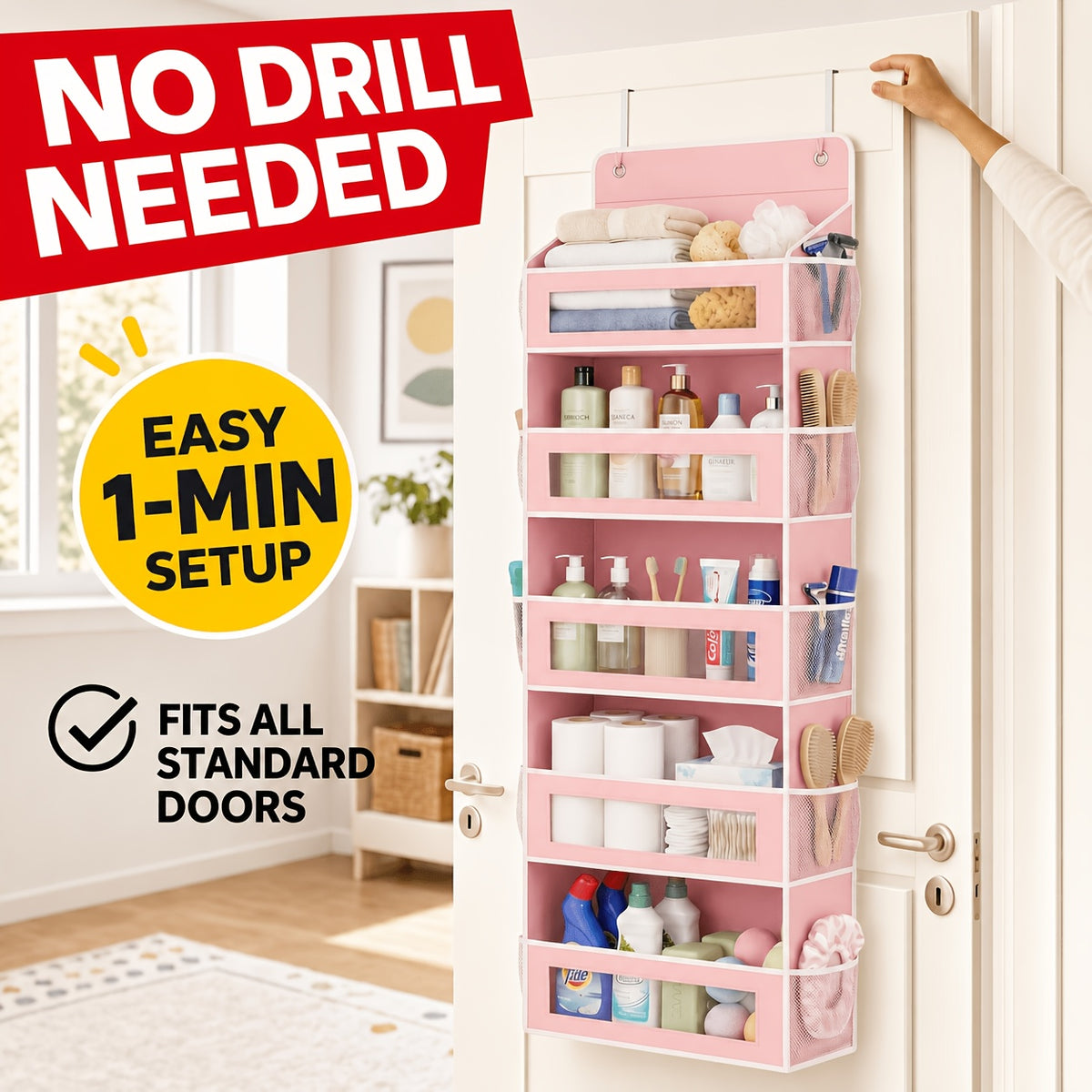 [5-Tier Storage Box] Door Storage Box, Hanging Door Storage Box with 5 Large Capacity Pockets | Anti-tilt 44 Pound Load Back Of Door Storage Box for Bedroom, Bathroom, Pantry, Room Storage And Collection Use Over The Door Pantry Organizer