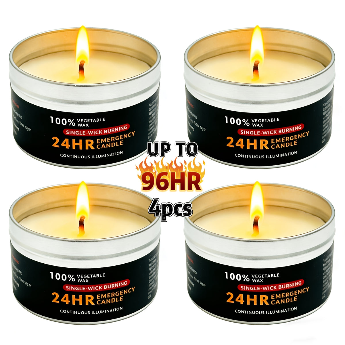 4pcs Long-Lasting 96-Hour Burn Time Unscented Soy & Palm Wax Candles in Metal Containers - 80g Each, 24-Hour Continuous Burn, Indoor/Outdoor Use for Camping, Hiking, Emergency Lighting, Holiday Decor (Halloween, Christmas, Easter
