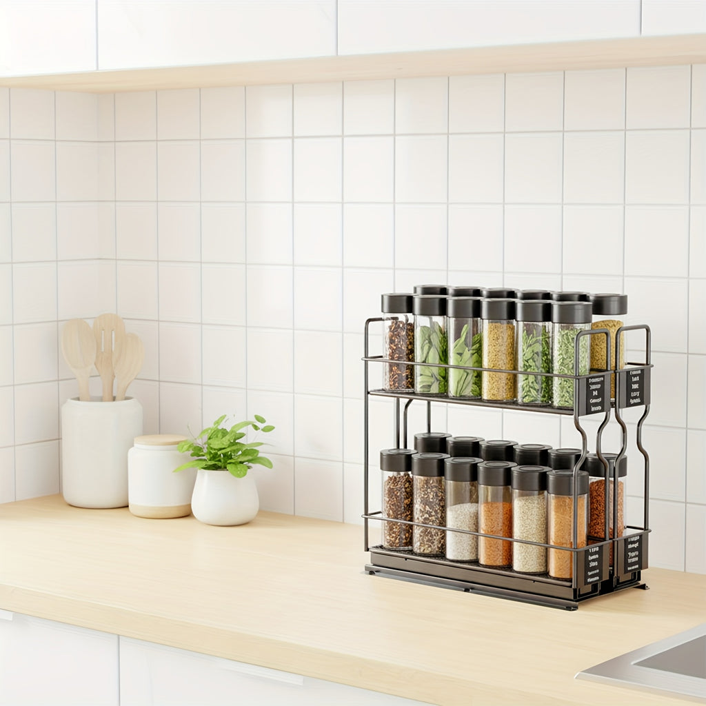 2-Tier Spice Rack Organizer For Cabinets, Heavy Duty Slide Out Design With Labels, 5.2" W X 10.75" D X 10" H, No Jars