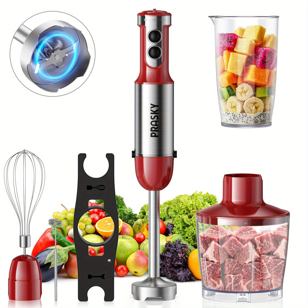 5-in-1 Handheld Mixer, With Attachments - Whisk, Measuring Cups, Heavy Duty Motor, Meat Chopper, Kitchen Must Haves, Immersion Blender