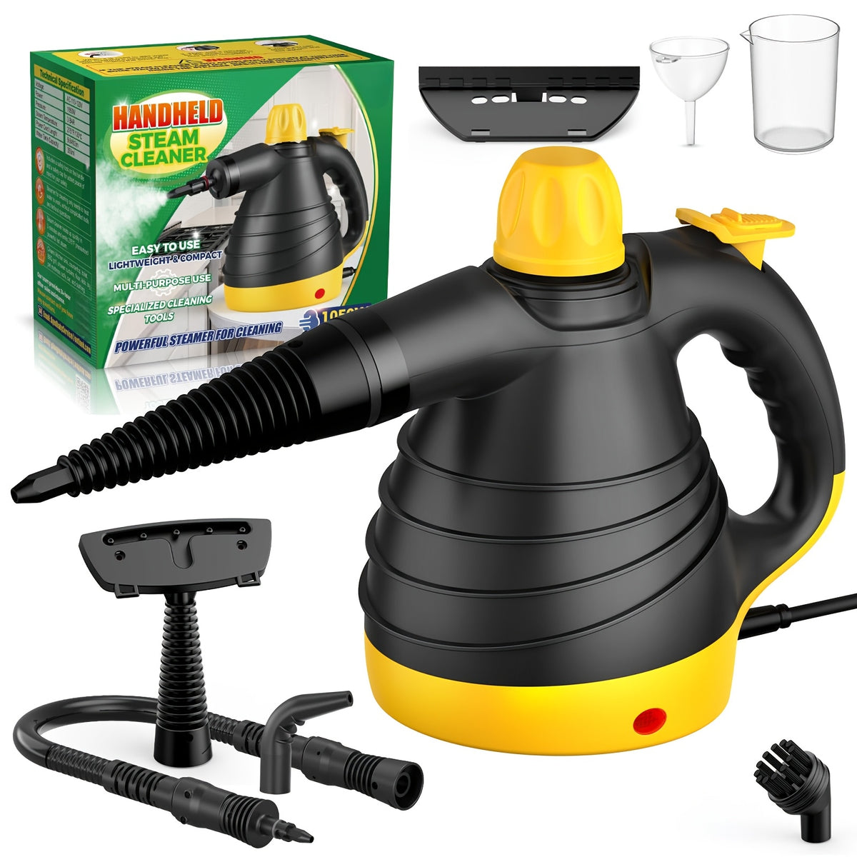 1pc 1050W Handheld Steam Cleaner | 12 Brush Heads, Fast Heat-Up, Chemical Free, Lightweight & Portable, Large 11.83oz Water Tank, Metal & Plastic, Plug, Safety Lock for Home, Car, Floor, Furniture