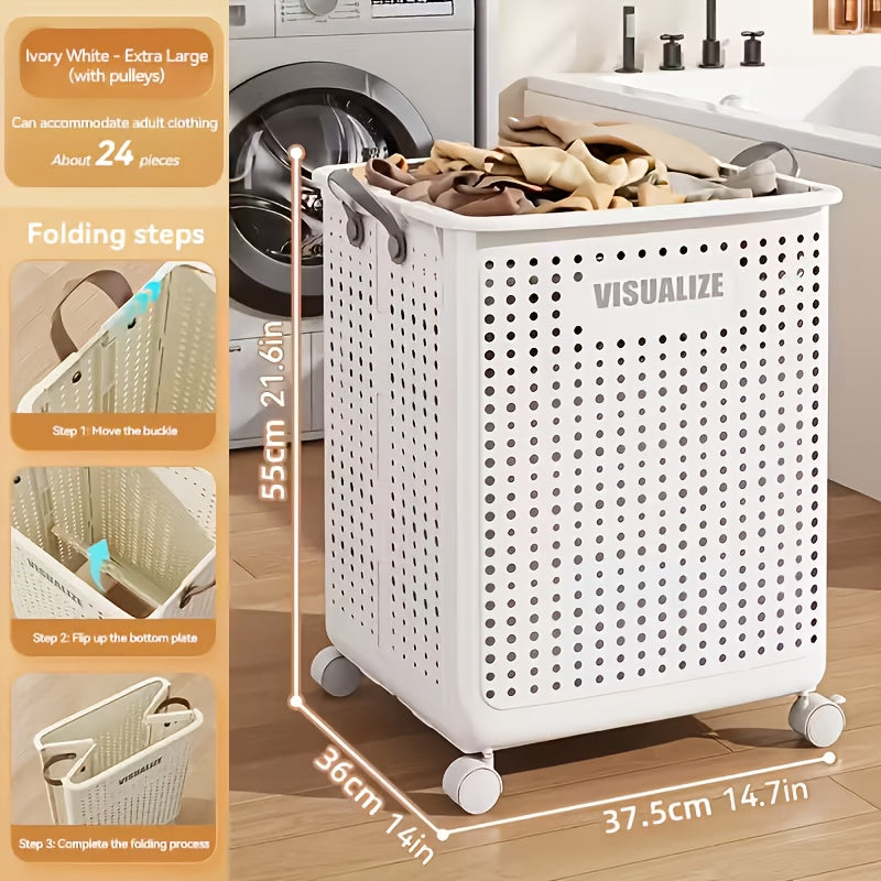 Large Foldable Wheeled Laundry Basket, Plastic Material, Solid Color, Wheeled Laundry Hamper for Small Apartment, Versatile Folding Portable Laundry Basket for Bathroom And Balcony Storage, Laundry Bag, Laundry Room Additions, Laundry Baskets