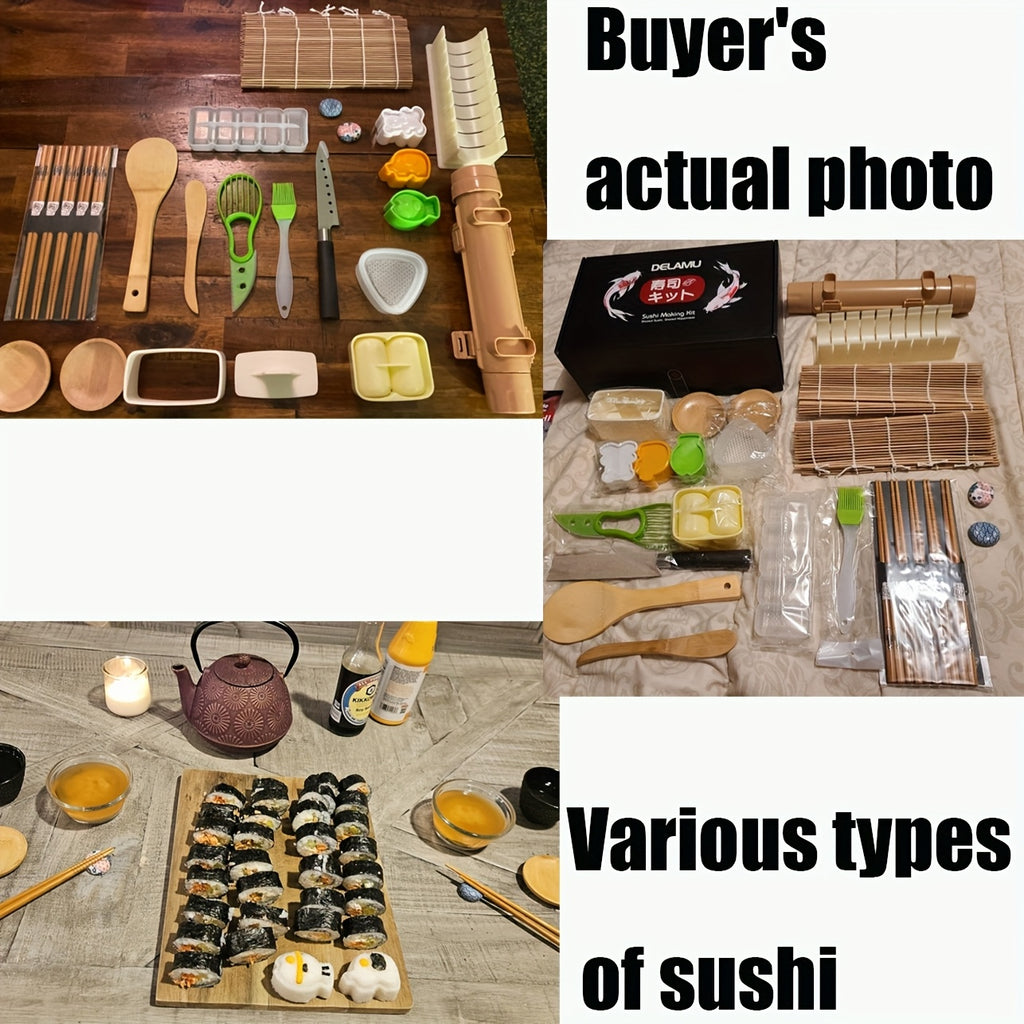27pcs Sushi Making Kit with Rice Roll Molds, Tool for Home Beginners, Includes Mats, Rice Paddle, Knife, Chopsticks And Guide Book, Perfect for Rice Balls, Sushi Roll Maker, Gifts, Camping