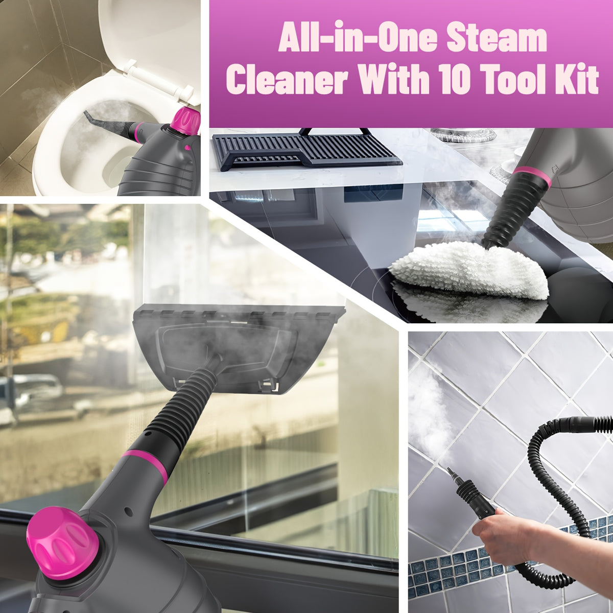 1pc 1050W Handheld Steam Cleaner | 12 Brush Heads, Fast Heat-Up, Chemical Free, Lightweight & Portable, Large 11.83oz Water Tank, Metal & Plastic, Plug, Safety Lock for Home, Car, Floor, Furniture