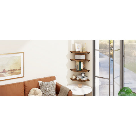 4pcs Solid Wood Corner Shelf Set - Rustic Brown Wall-Mounted Cable Management Shelves with Wire Hole Design & Hidden Wiring for Bathroom, Bedroom, - Space-Saving Corner Shelves Suitable for Cable Boxes & Storage Organization