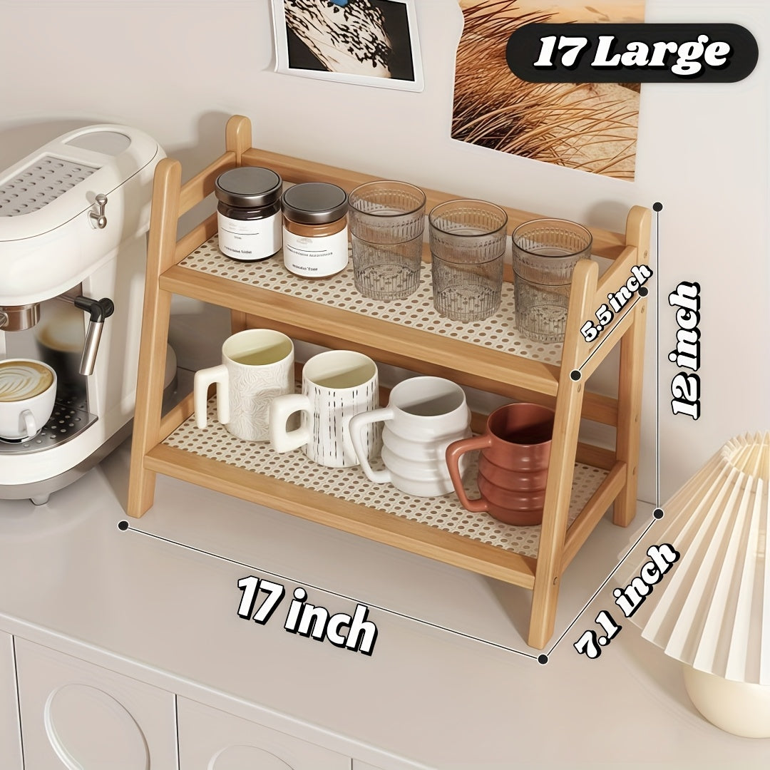 2-Tier Wooden Storage Rack - Modern Vintage Cream Trapezoid Shelf | Wood End, Multi-Purpose Countertop Organizer for Kitchen, Office, Bedroom And Dorm | Perfect for Coffee Mugs And Daily Essentials - 1/2pcs (Large Medium)