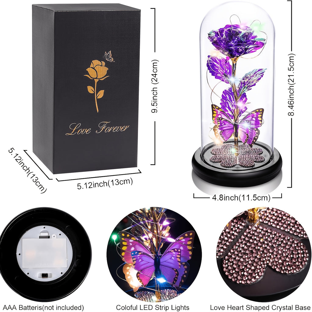 1pc Mother'S Day Rose Gift for Mother, Galaxy Glass Rose Forever Eternal Crystal Flower Glow Rose Glass Dome And Butterfly Birthday Flower Gift for Women'S Mother, Wife, Sisters, Daughter, Purple