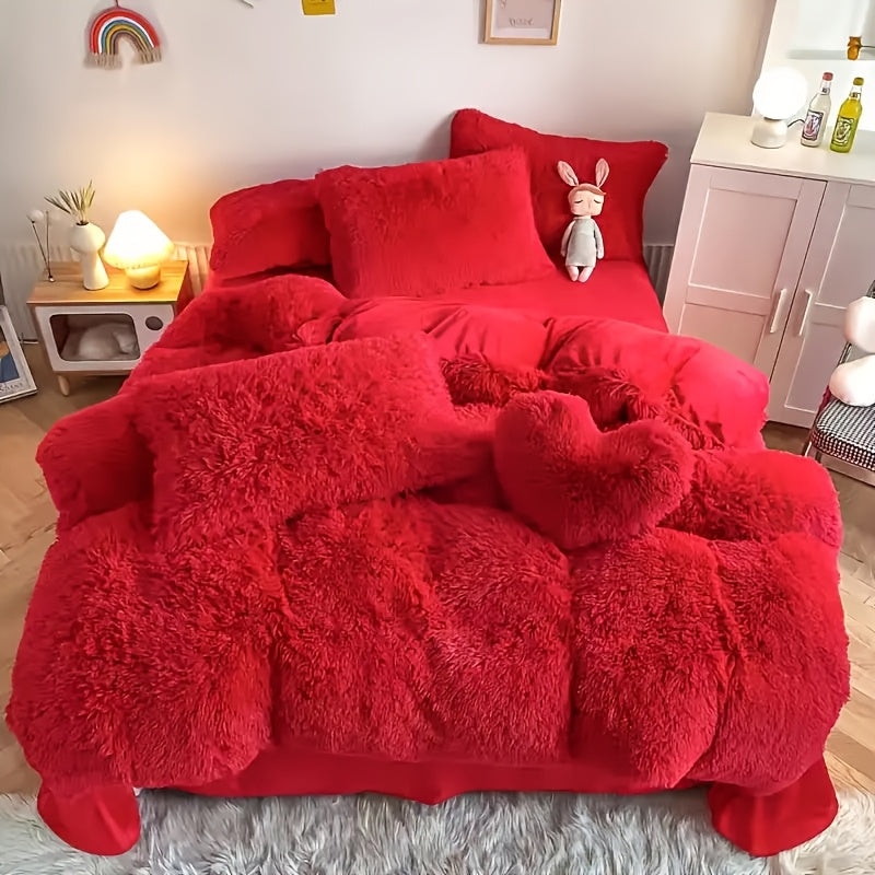 3/4pcs Plush Faux Fur Comforter Cover Set for Kids & Teens - Includes Pillowcases + Plush Heart Pillow - Twin/ Queen/ King Sizes - Super Soft, Warm, Machine Washable (Duvet Cover Only, No Comforter)