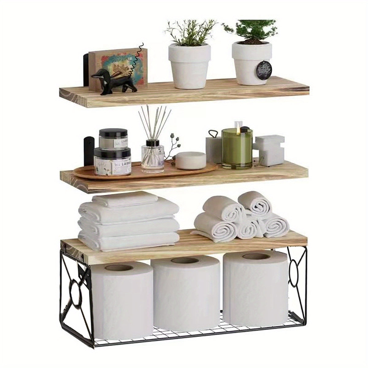 3pcs Wall Mounted Floating Shelves Over Toilet | Small Farmhouse Decor Shelf for Toilet Paper Storage, Unfinished Wood End, Black and Brown