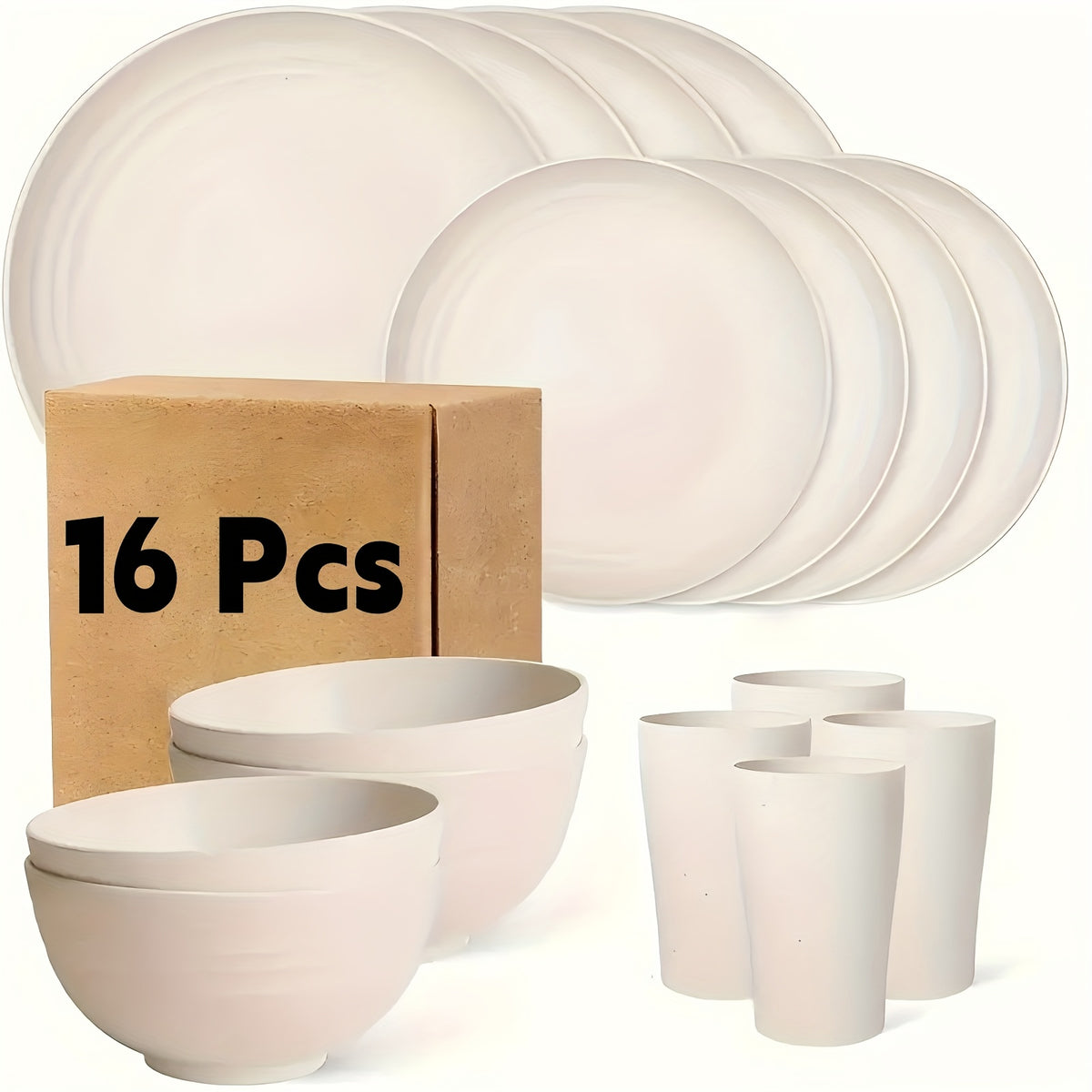 16/32pcs Kitchen Plastic Wheat Straw Tableware Set, 4/8 People, Plates, Dessert Plates, Cereal Bowls, Cups, Unbreakable, Lightweight Shatterproof for Camping/Daily Use/Parties/Weddings, Gift for Halloween/Christmas, Local Warehouse Item