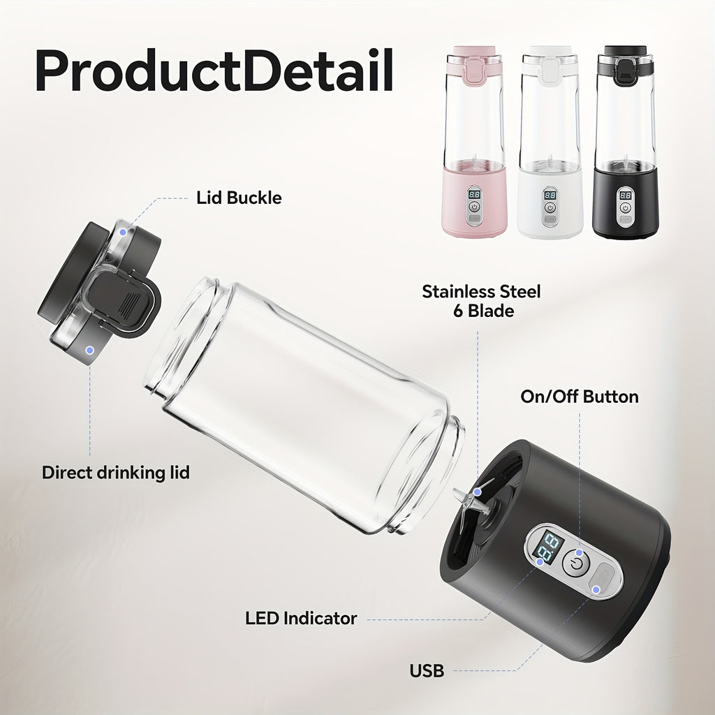 LALAYUAN USB-Powered Juicer & Juicer with Digital Timer, Battery Left Display, High-Speed Ice Crush, USB-C Fast Charge, One-Tap NO-Spill Lid, 6-Blade Stainless Steel - Smoothie Blender Portable, Protein Shakes, Gym, Travel Smoothie Maker